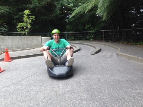 World History teacher Sam Wold is ecstatic throughout his ride on the luges.