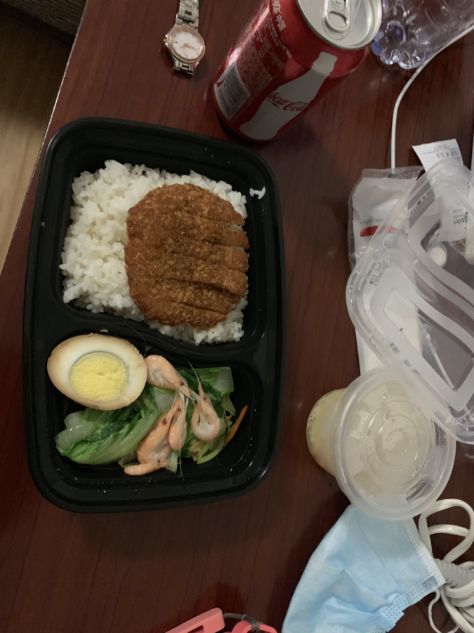 A typical meal from what's handed out in quarantine. They arrive at set times during the day.