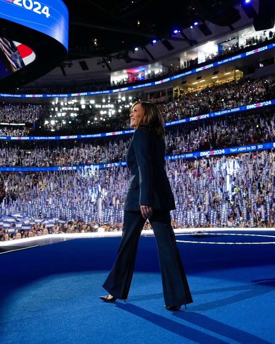 Kamala Harris walks out onto the stage at the 2024 Democratic National Convention.