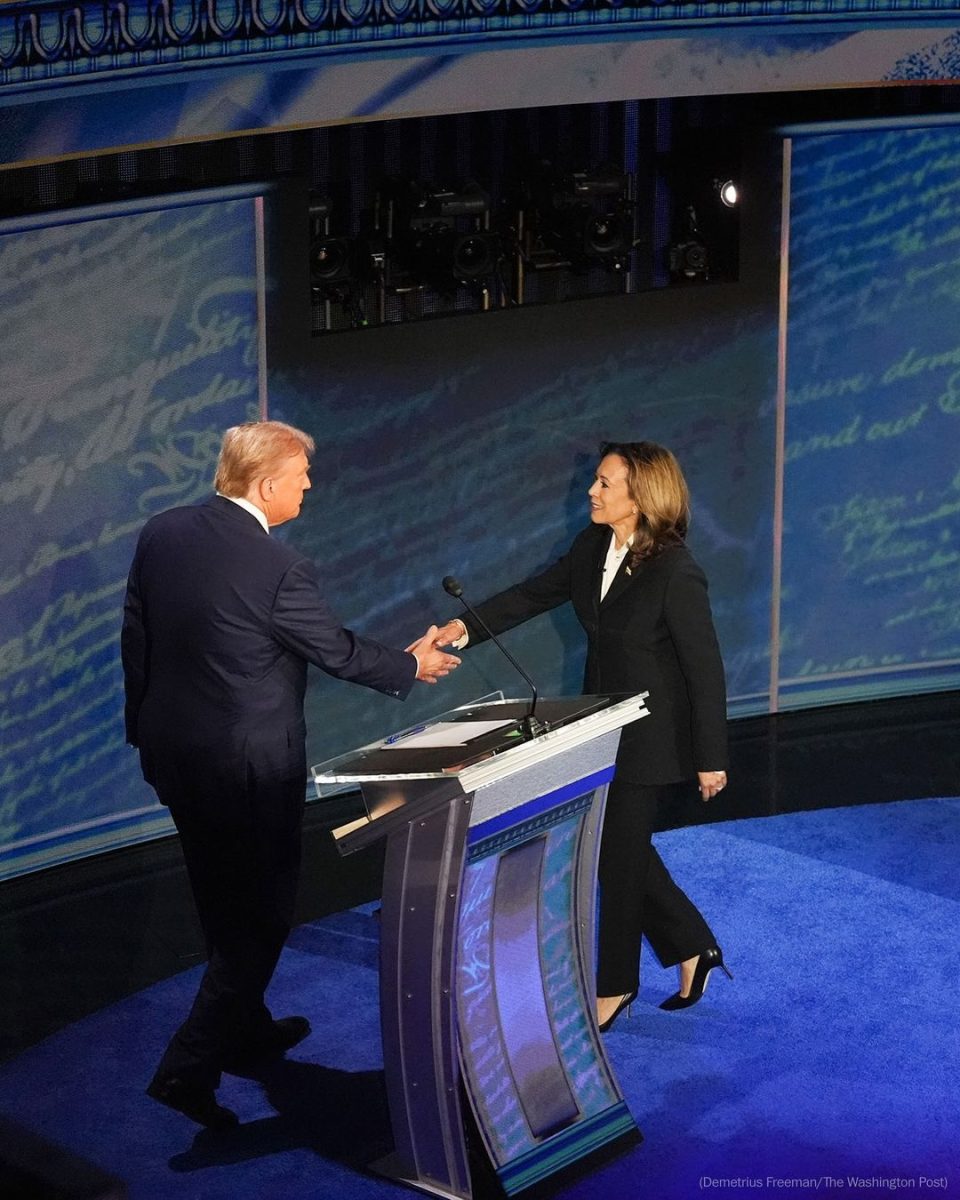 Former President Donald Trump and Vice President Kamala Harris shake hands before their debate in Philadelphia.