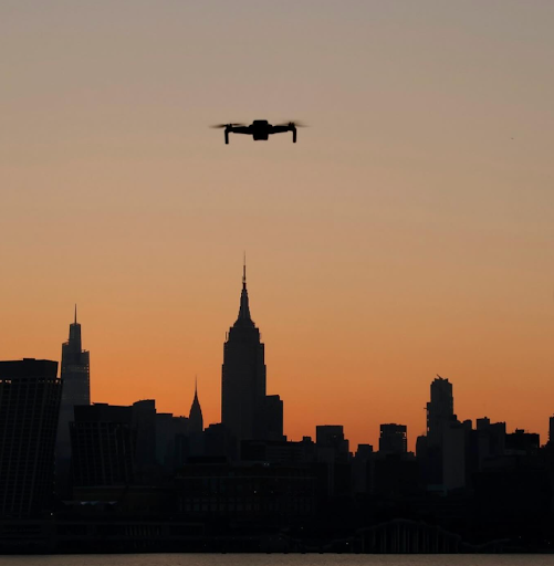 A drone hovers above the New York skyline.