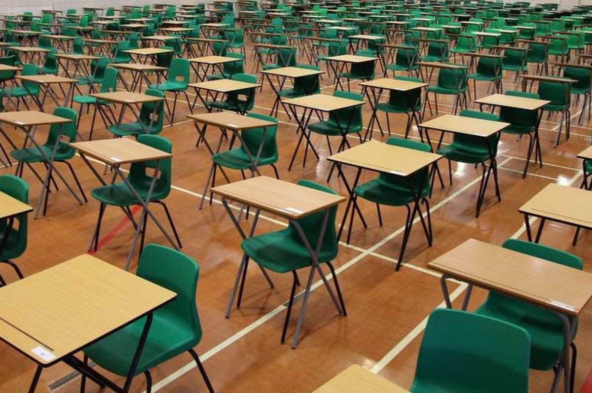 Tables are lined up in the gym for the AP exam.