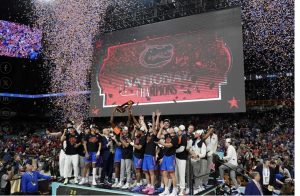 The Florida Gators celebrate in a shower of confetti after clinching the National Championship.