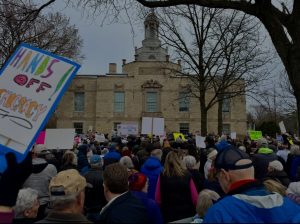 ‘Hands off’ protesters gathered in Highland Park, Illinois on April 5. 