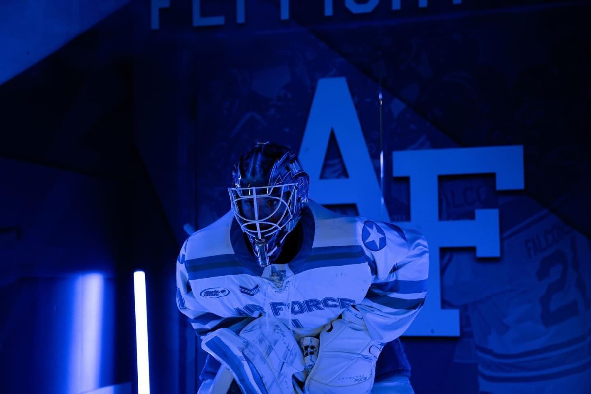 Guy Blessing gets ready to take the ice as a goalie for the Air Force Academy Falcons.
