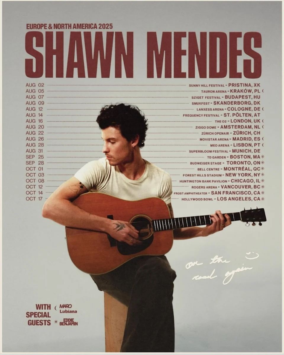 Shawn Mendes’ On The Road Again Tour poster featuring all dates and stops.
