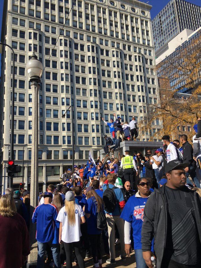 Struggling to see the cubs, people started to climb on public platforms