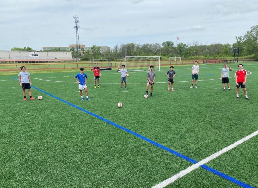 LFA Varsity Soccer Boys practice safe social distancing during their preseason practices.