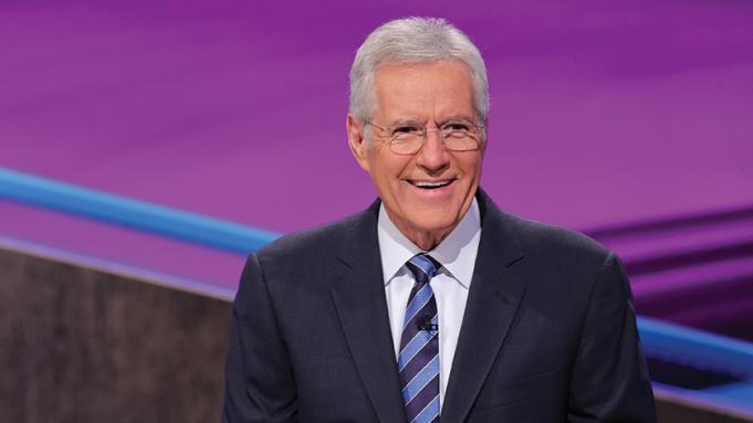 Alex Trebek seen hosting Jeopardy.