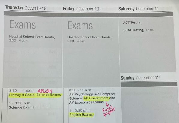 Ella Gartz '23 shares her final exams calendar. 