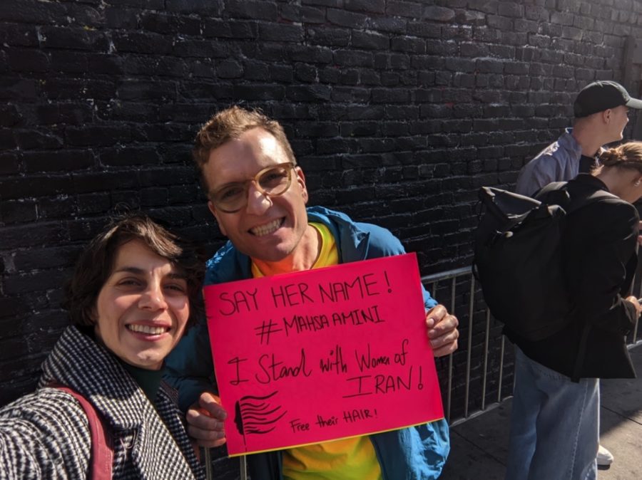 Niusha Mahmoodi and her husband gather in solidarity with the people of Iran.