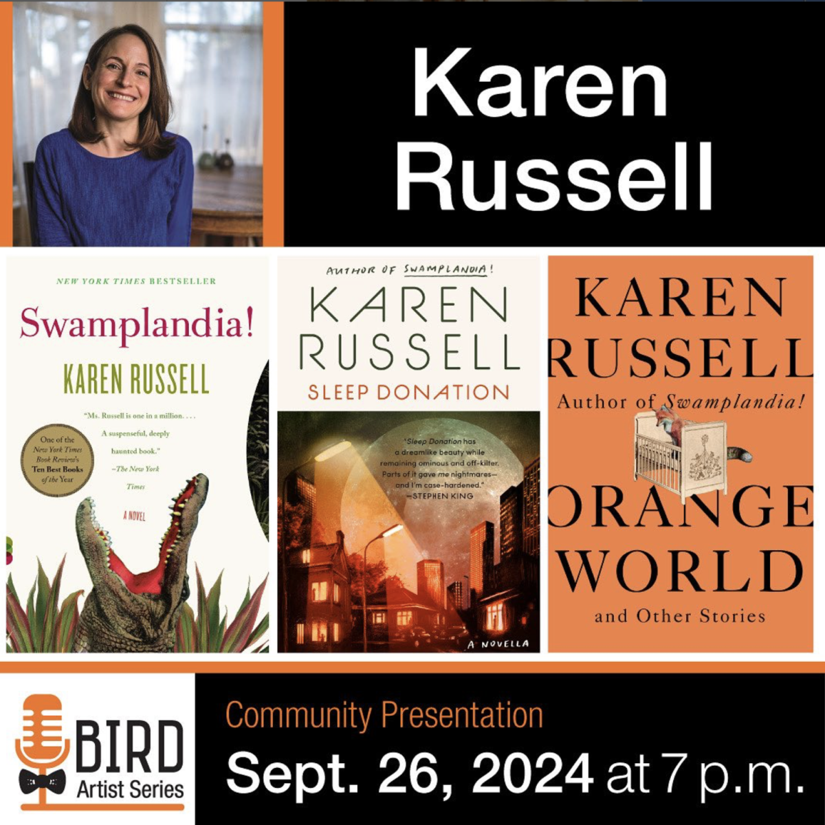 A poster of Karen Russell's works promotes her visit.