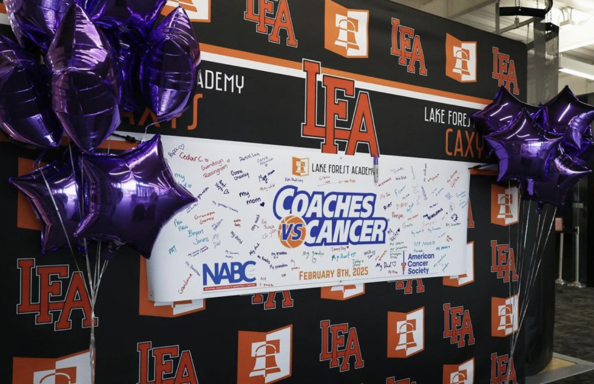 A Coaches vs. Cancer banner is decorated by LFA community members in honor of loved ones with cancer.