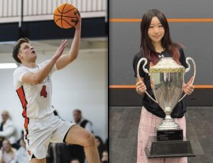 Levente Tallos ‘26 goes for a layup. (Photo by David Atas) | Dora Huang ‘27 poses with the state championship trophy after winning her match against Latin School of Chicago 3-1. (Photo by Noah Goldfayn)