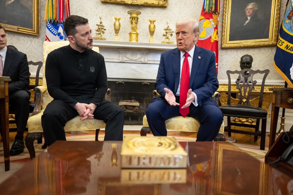 Donald Trump converses with Volodymyr Zelenskyy in the Oval Office.