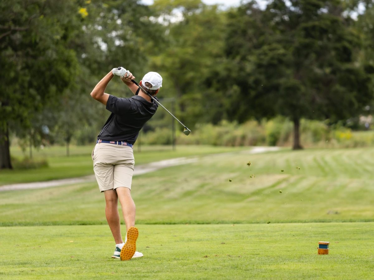 Louie Raines 27’ hits his tee shot on the 4th hole at Deerpath Golf Course.