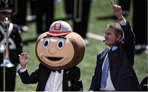 Lee Corso puts on Ohio State Buckeye headgear in his final appearance on College Gameday. (Courtesy of @collegegameday on Instagram)