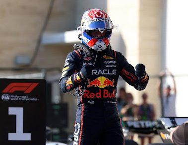 Max Verstappen celebrates his pole position during the Austin Grand Prix weekend.