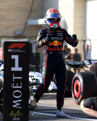 Max Verstappen celebrates his pole position during the Austin Grand Prix weekend.
