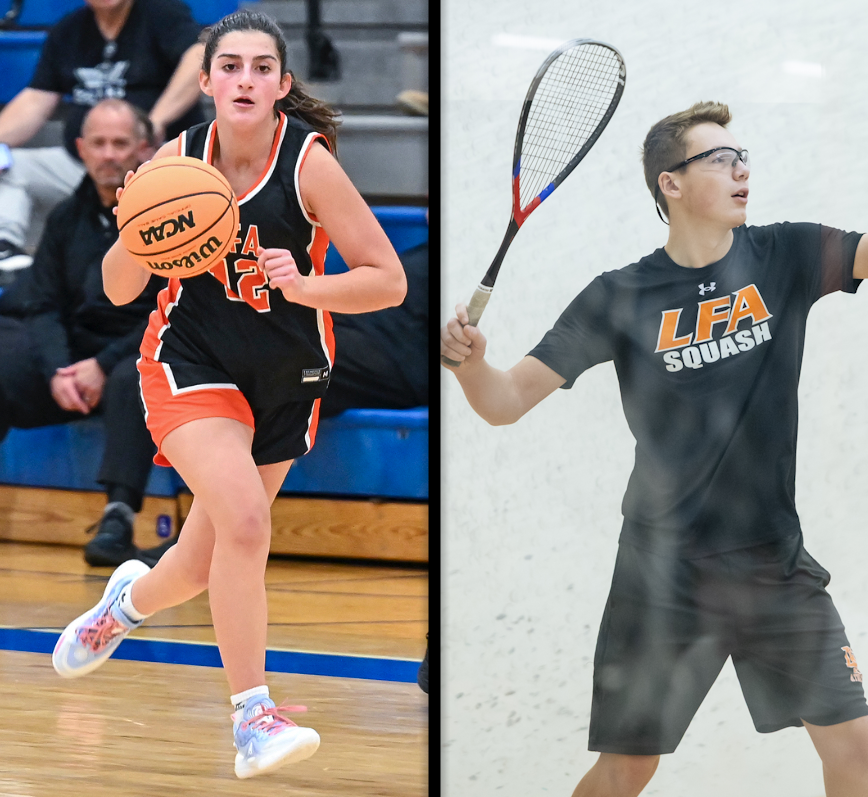 Lindsay Farbman '26 drives the ball up the court in a game against Vernon Hills. (Photo by George Pfoertner) | Dawson Ward '28 takes serve in a match against Latin. (Photo by David Atas)