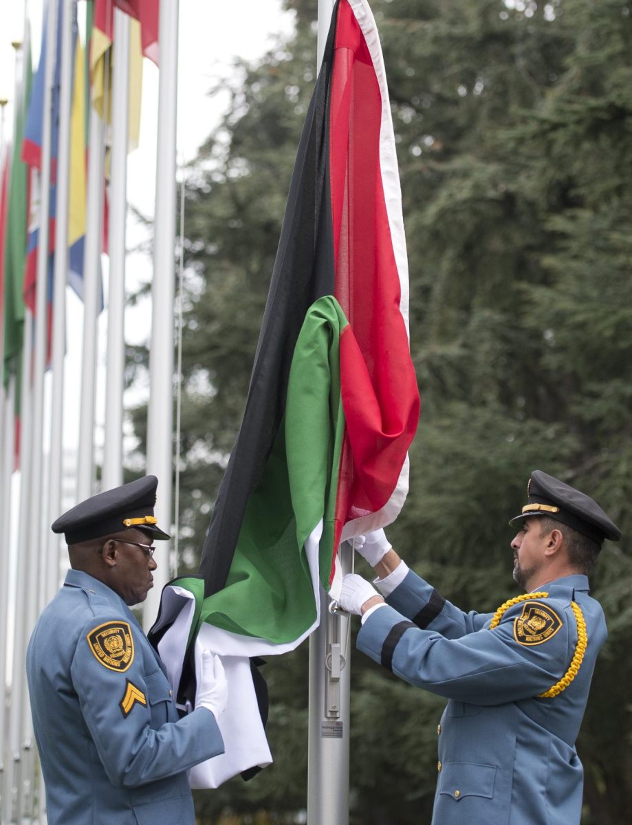 U.N. officials raise the flag of Palestine in 2015. (Courtesy of the United Nations)