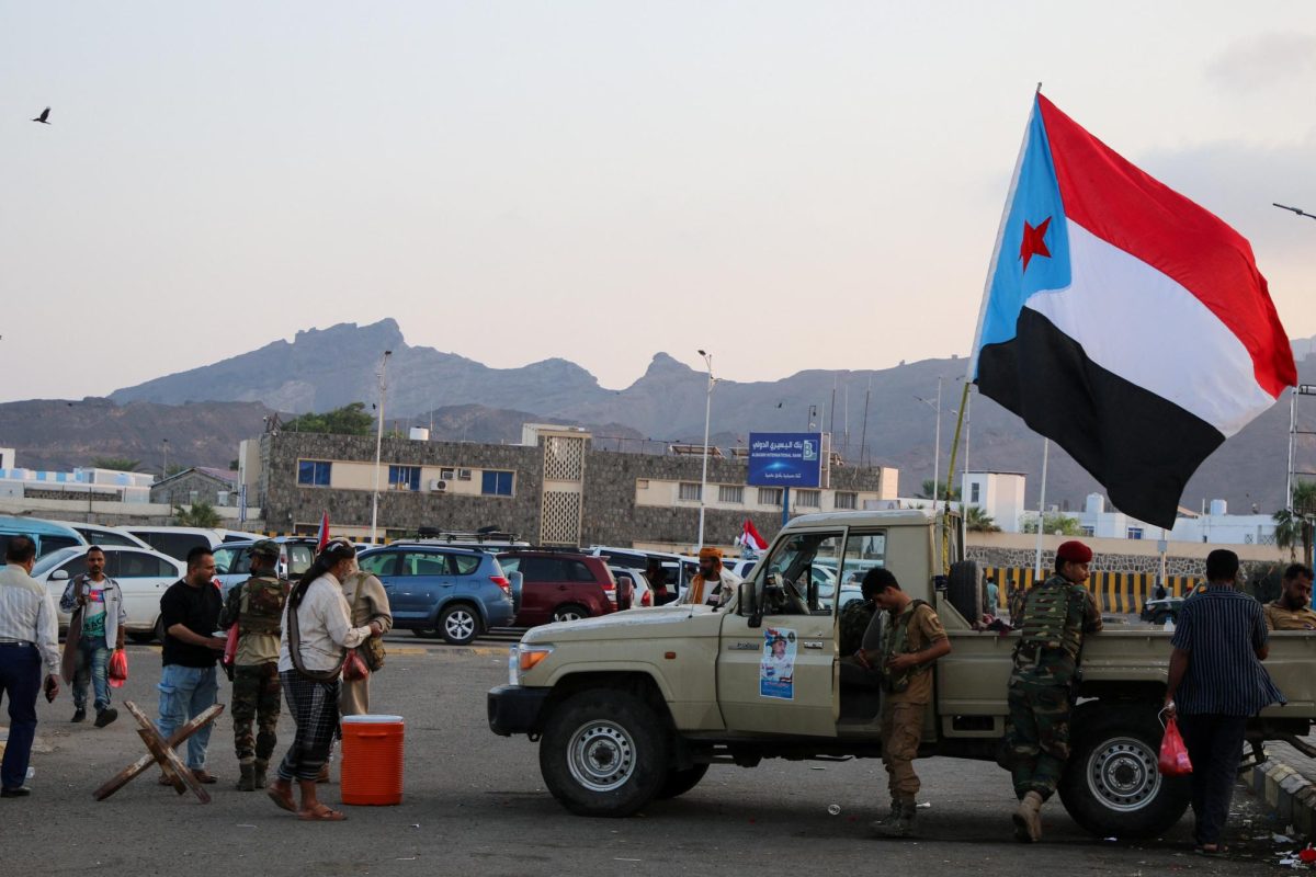 A flag of the UAE-backed separatist Southern Transitional Council (STC) flutters on a military patrol truck, at the site of a rally by STC supporters in Aden, Yemen, January 1, 2026.