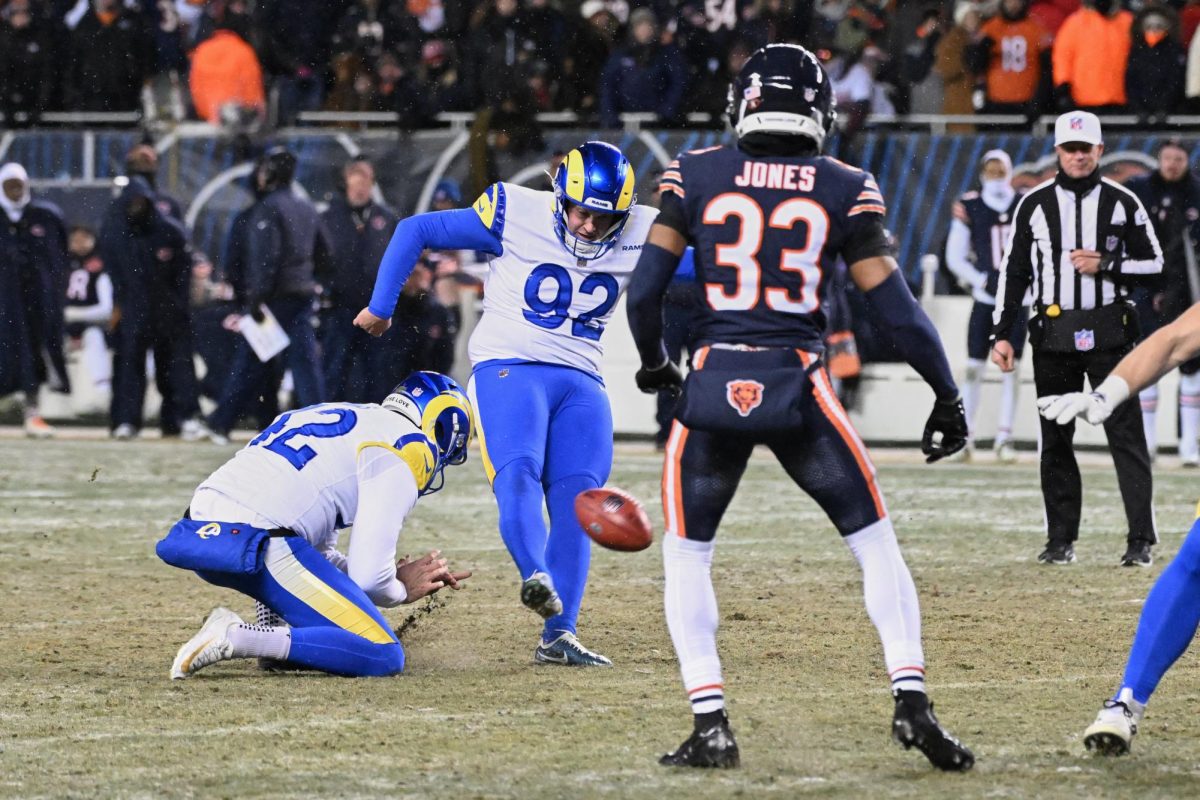 Los Angeles Rams kicker Harrison Mevis (92) kicks the game-winning field goal against the Chicago Bears during overtime of the NFC Divisional Round game at Soldier Field. Courtesy of Matt Marton-Imagn Images