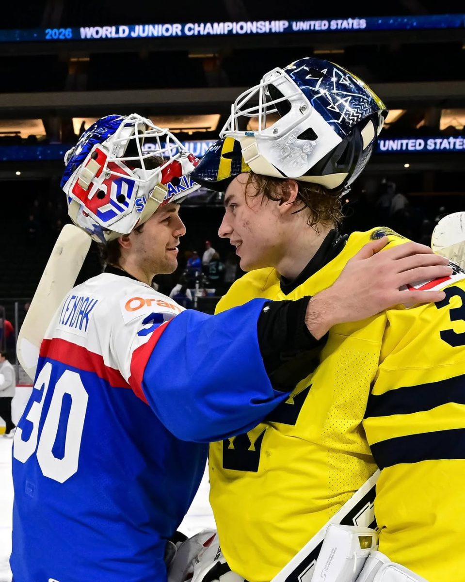 Czechia and Sweden goalies embrace after the IIHF championship game. (Courtesy of @iihfjuniors on Instagram)
