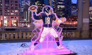 An "ice man" statue of Caleb Williams stands in Chicago.