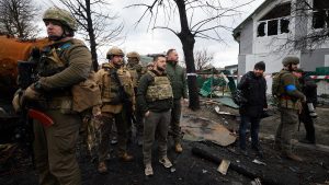 Volodymyr Zelenskyy, the President of Ukraine, visits Bucha, Kyiv Oblast, Ukraine, a site of violence following Russian occupation.