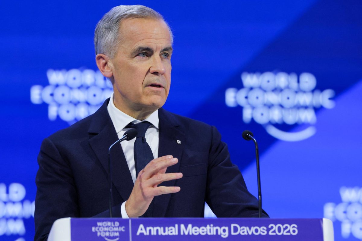 Canadian Prime Minister Mark Carney gives a speech at the World Economic Forum (WEF) on January 20 in Davos, Switzerland. (Courtesy of REUTERS)
