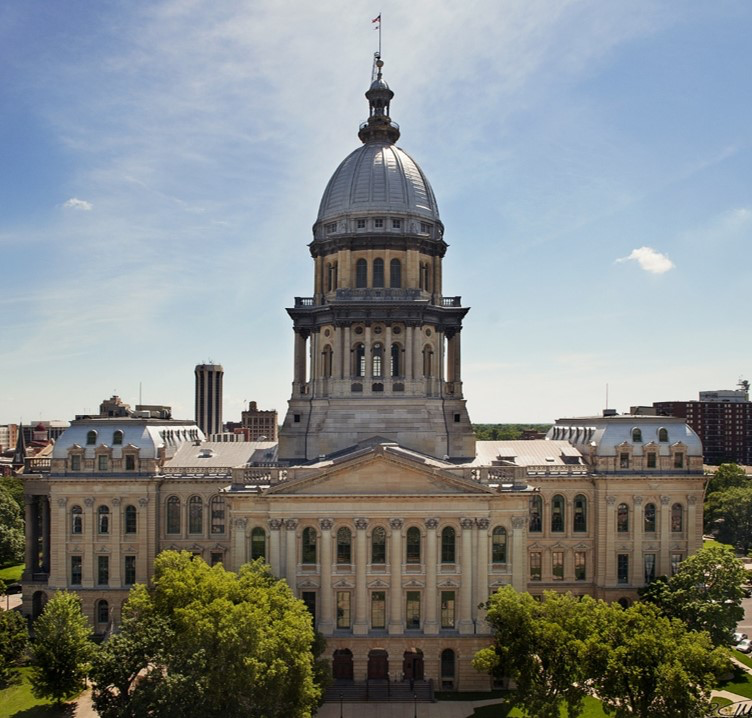 The Illinois State Capitol building in Springfield, where Illinois lawmakers and government officials work. State and federal elections determine who will hold offices connected to the state government.