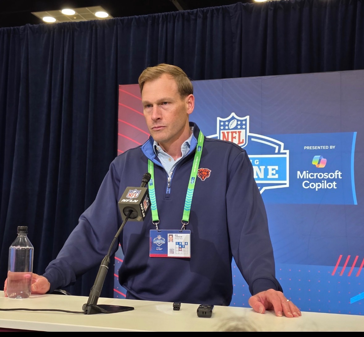 Chicago Bears Head Coach Ben Johnson answers questions at the 2026 NFL Combine.