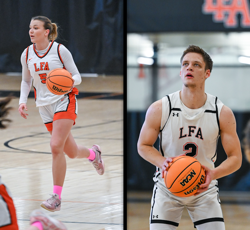 Blanka Devai ‘27 dribbles up the court during the 2026 Coaches vs Cancer game. (Photo by George Pfoertner) | Levi Tallos ‘26 gets ready to shoot free throws. (Photo by George Pfoertner)