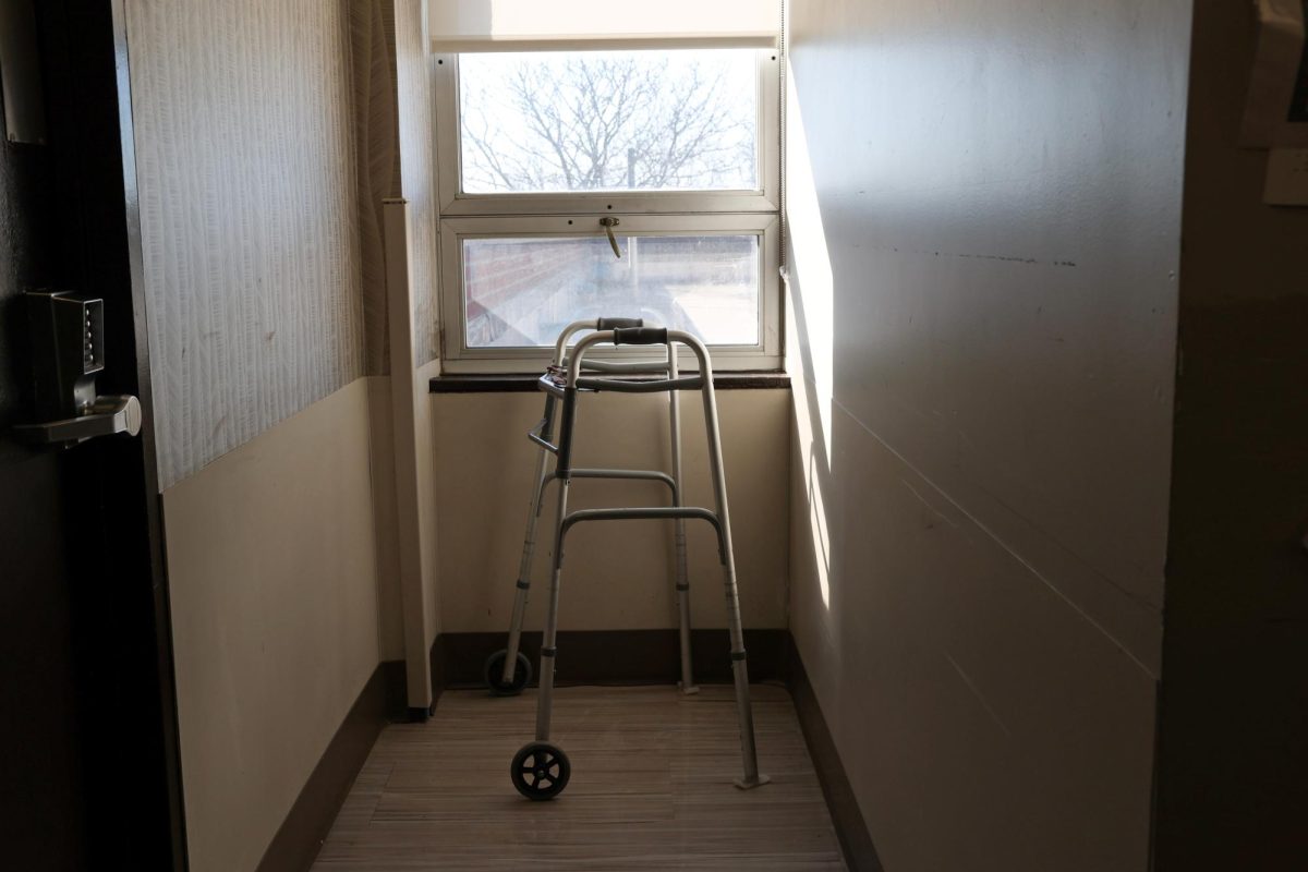 A walker is seen on the floor of a nursing home facility in New York City, U.S. January 6, 2021.