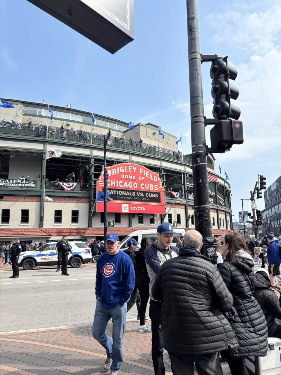 The famous Wrigley Field marquee displays the info for opening day.
