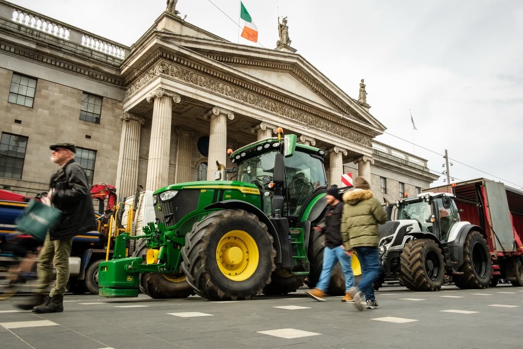 Tractors form a blockade along O’Connell Street in Dublin to protest rising fuel prices. 