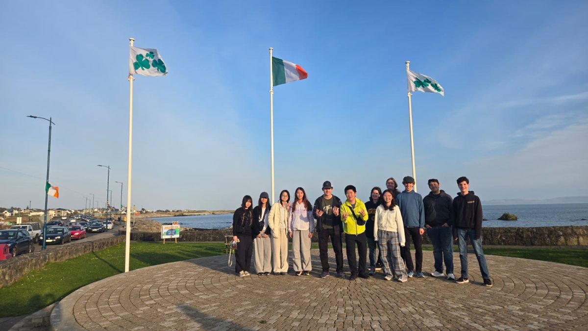 Students pose in front of Irish and St. Patrick’s Day flags.